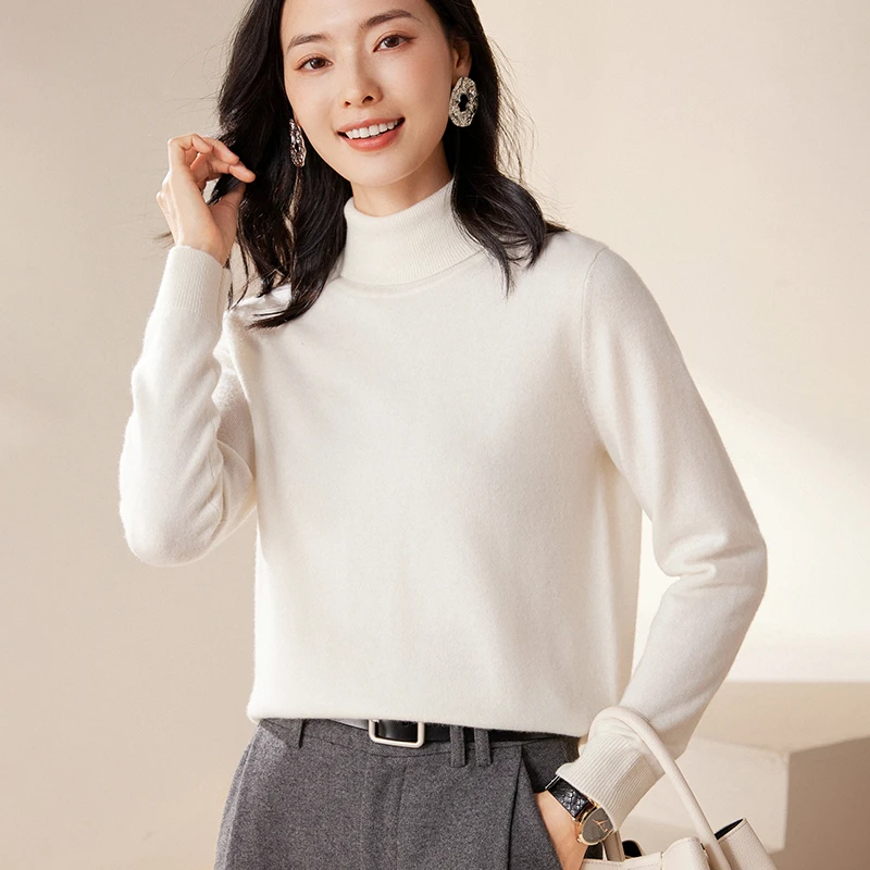 2024秋冬新款纯色100%山羊绒高翻领针织衫女休闲长袖套头打底毛衣