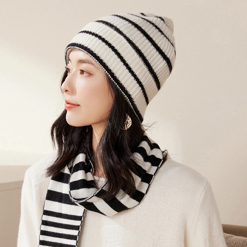 100%纯山羊绒帽子女秋冬毛线帽加厚保暖护耳月子帽针织条纹帽礼物