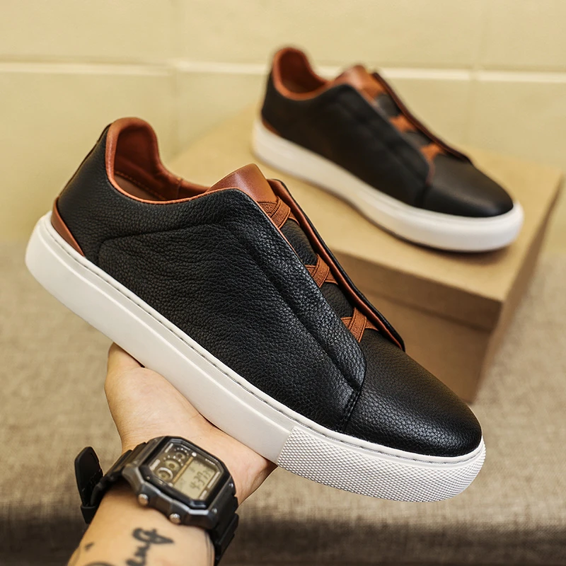 男士白鞋高端真皮百搭透气鞋子休闲男鞋套脚小白一脚蹬小白鞋时尚