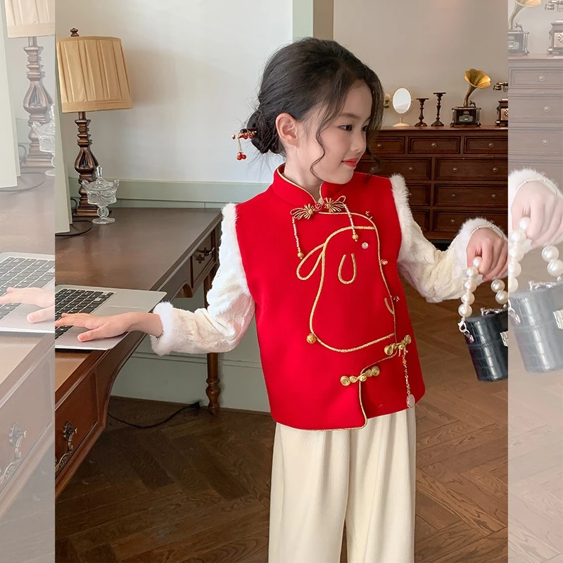 【清仓】童装女童新中式夹棉马甲儿童宝宝红色背心新年衣服外穿