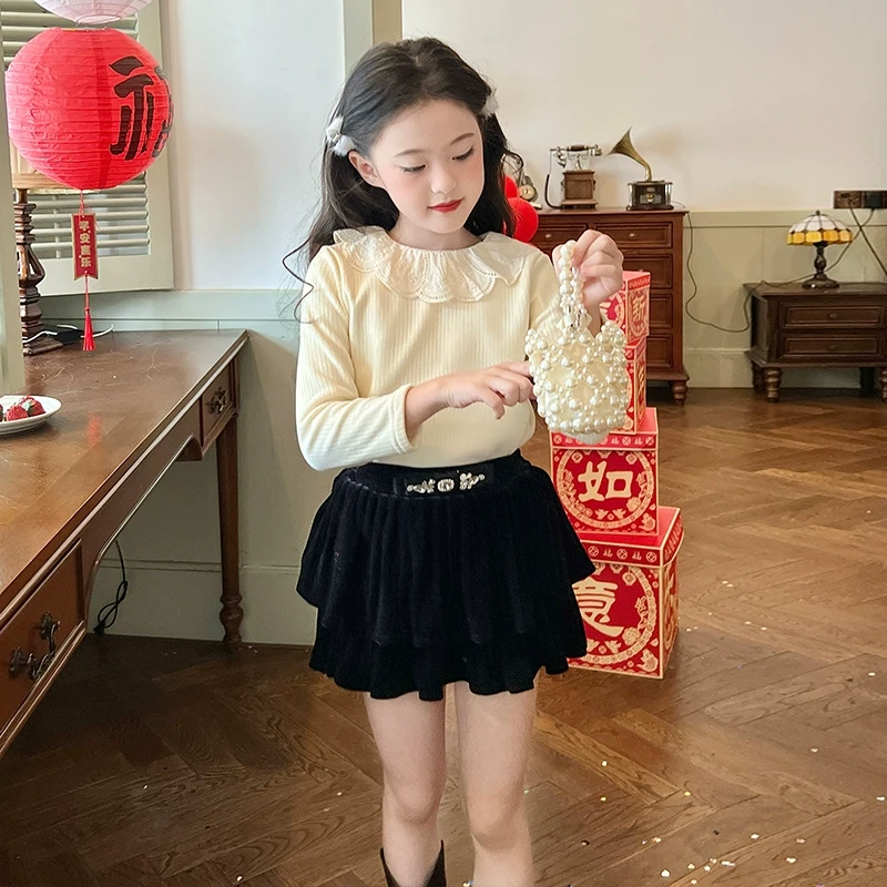 栀了成长记童装女童一体绒打底衫冬装儿童宝宝娃娃领百搭洋气上衣