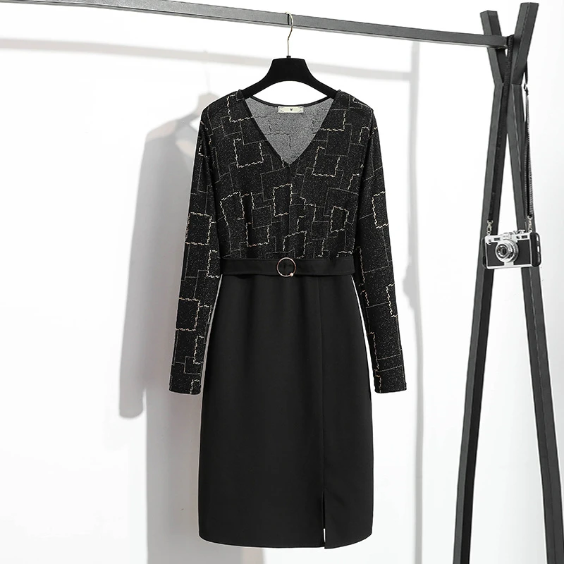 2021秋季新款大码女装胖mm气质轻熟收腰显瘦撞色格子连衣裙76004