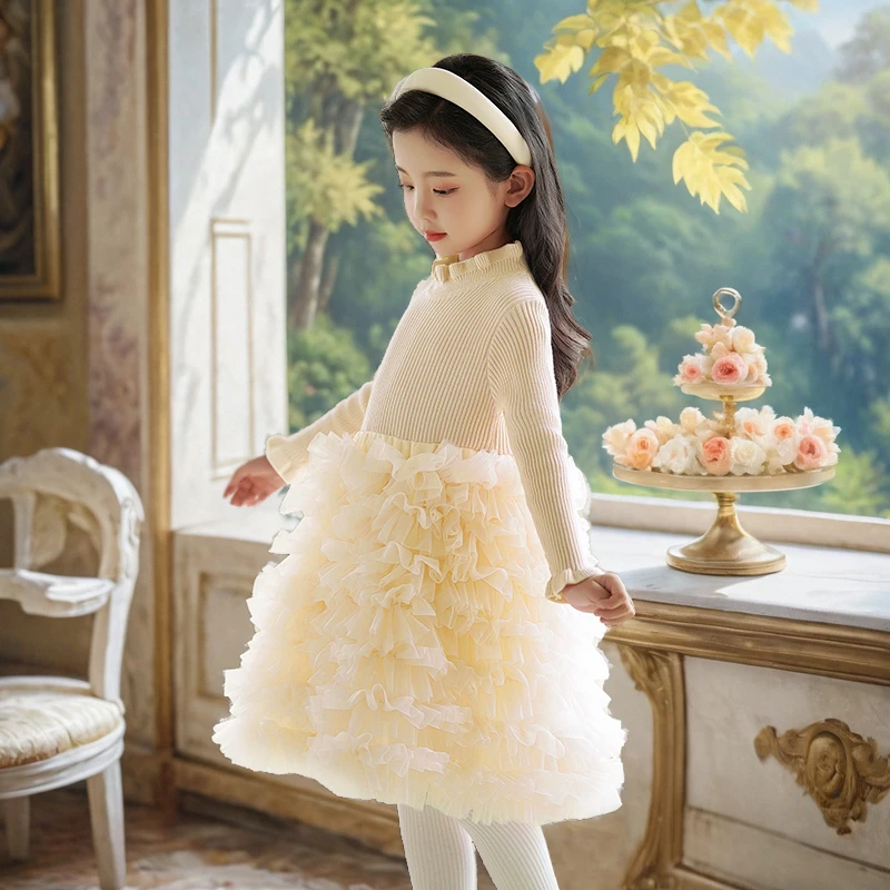 女童春季新款生日公主风蓬蓬纱毛衣裙洋气花童婚礼小女孩演出礼服