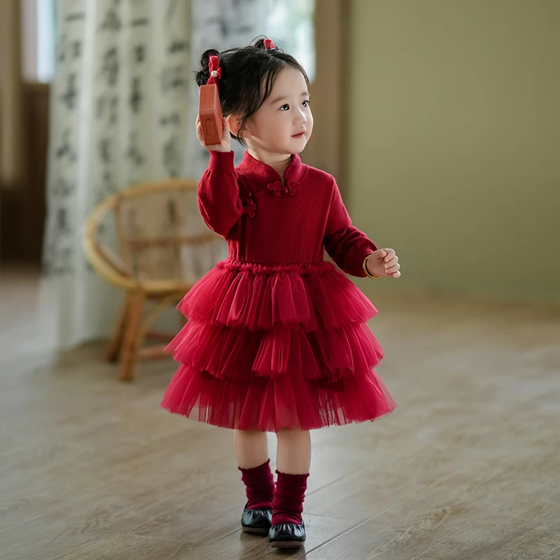 女童连衣裙2025秋冬新款中式蓬蓬纱蛋糕裙红色一周岁生日宴公主裙