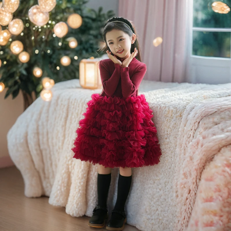 女童拜年服2026秋冬新款红色小女孩生日礼服儿童蛋糕裙女宝毛衣裙
