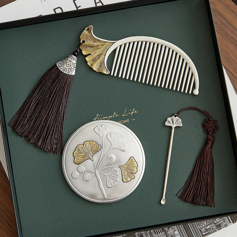 足银银制品 银梳子999纯银发梳原创三生有杏梳妆镜套装七夕节礼物