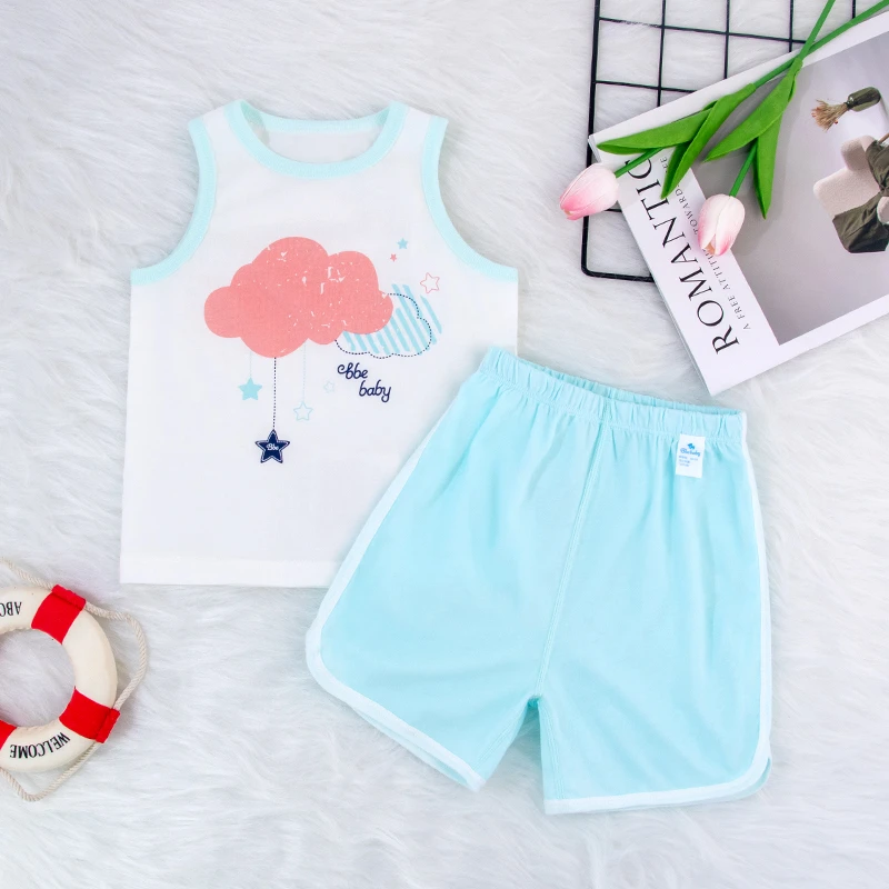 夏款女童男童单面布无袖云朵背心套装