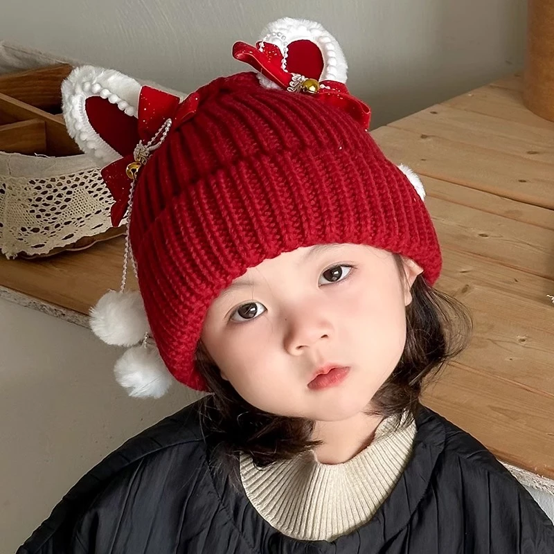 宝宝帽子秋冬季加厚女宝宝针织帽圣诞红色新年儿童外出保暖毛线帽