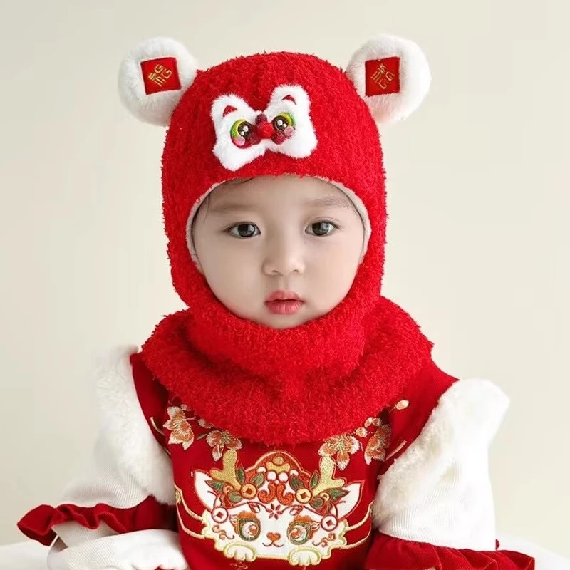 婴儿帽子围巾一体护脖帽宝宝秋冬款保暖红色新年男女童冬季护耳帽
