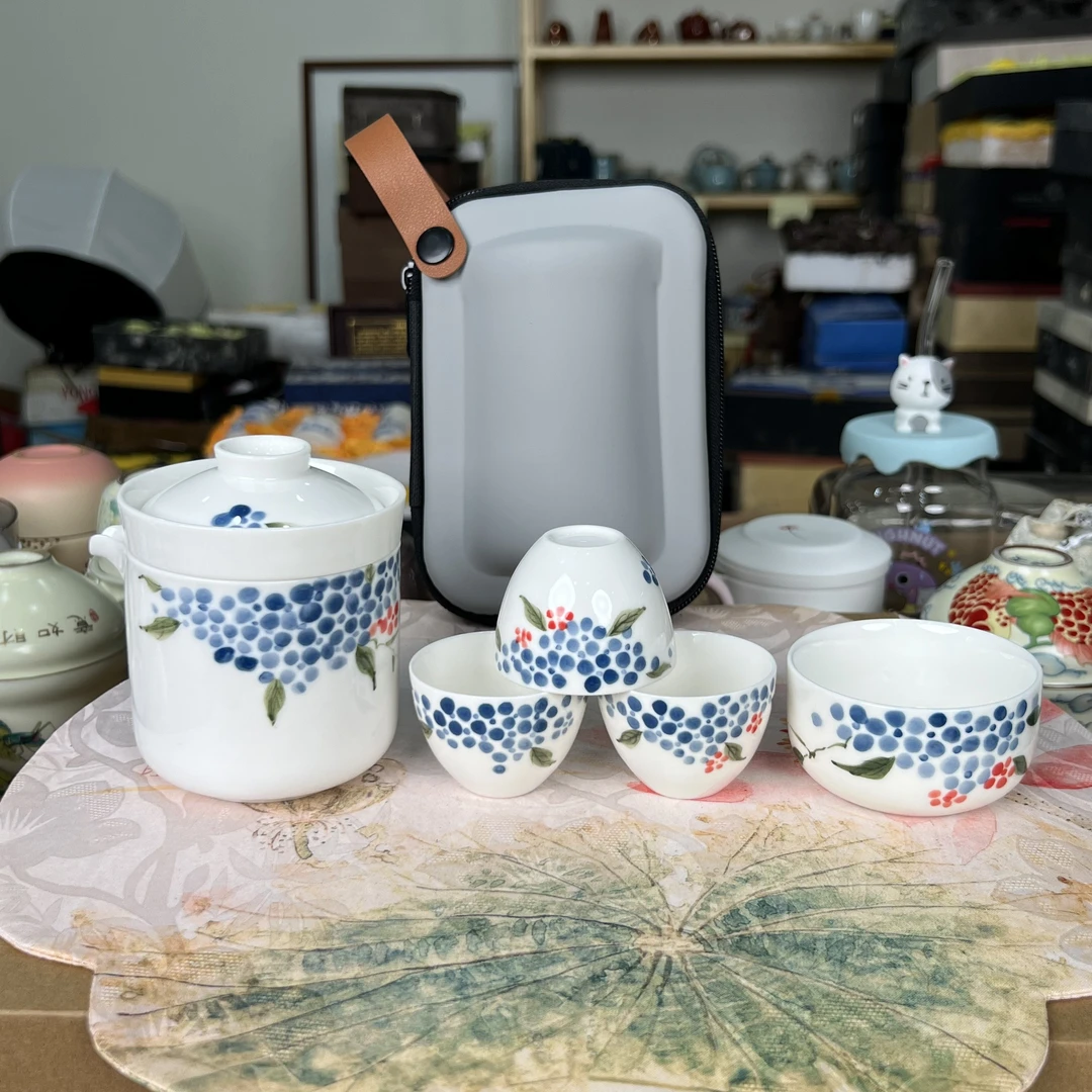 【闪购商品】葡萄手绘功夫茶具旅行套装一壶四杯便捷包旅行包888315