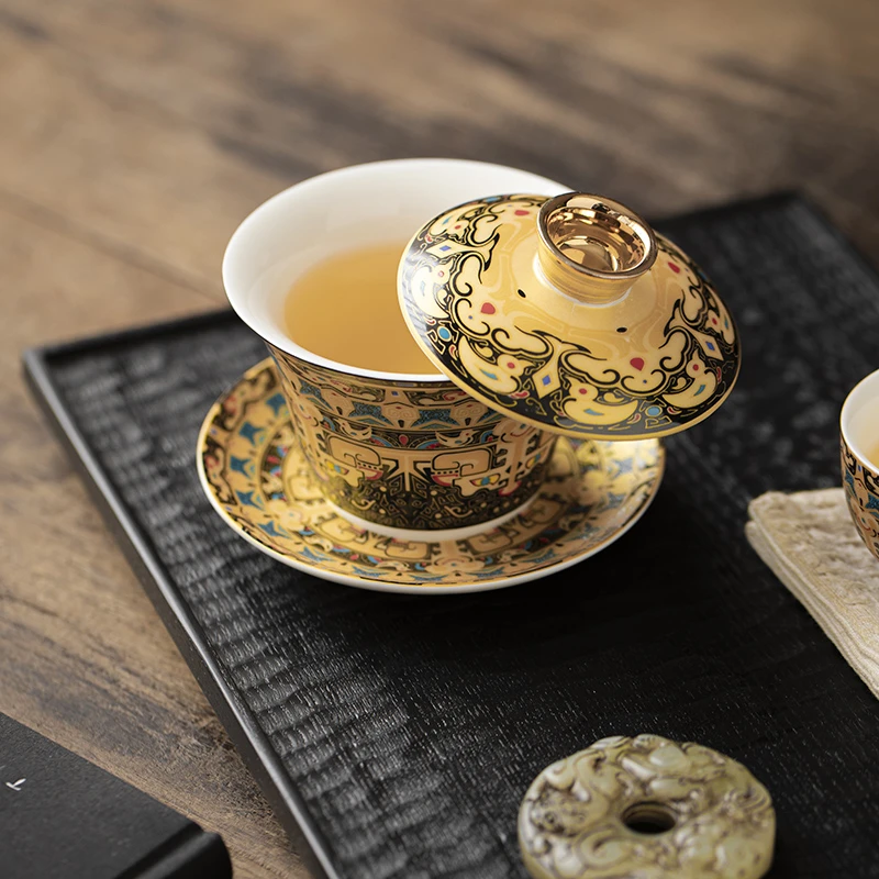 三才盖碗悬停旋转功夫茶具白瓷茶碗主人杯茶壶防烫拍视频盖碗炎镗