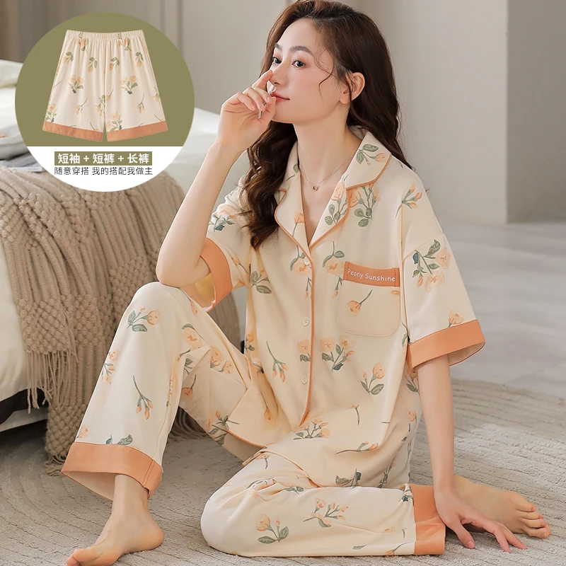 【拍一发三】2023爆款女夏季橘色玫瑰纯棉翻领短袖长裤三件套睡衣