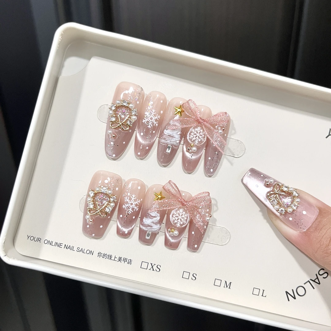 【初雪.水晶球】纯手工穿戴甲美甲贴片可拆卸指甲贴片10片装