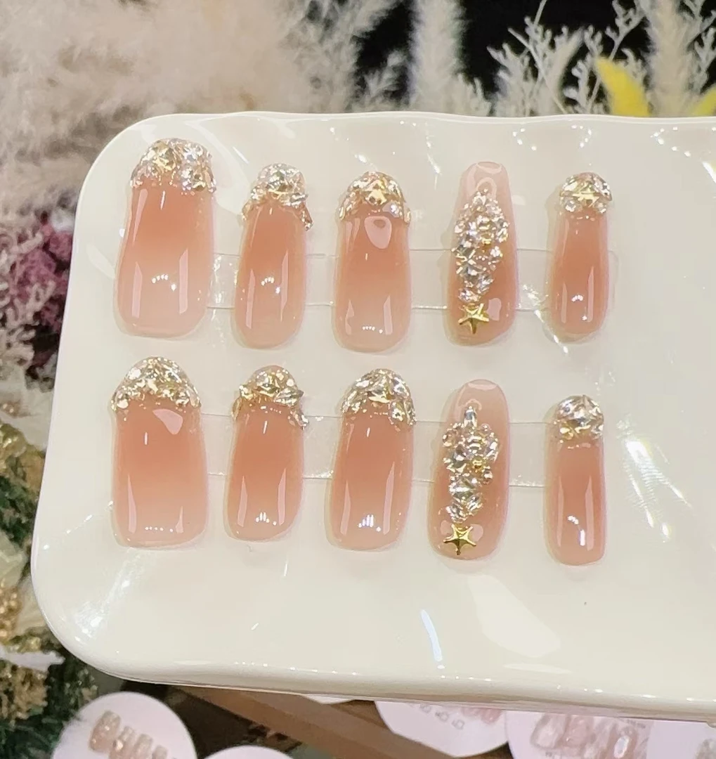 【圣诞恋歌】香槟色碎钻法式圣诞树光疗美甲显白穿戴甲百搭款10片装
