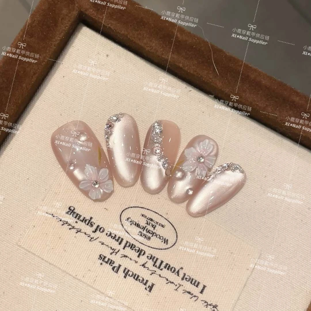 XL•Nail【花间令】手工定制穿戴甲手绘花瓣猫眼光疗甲美甲