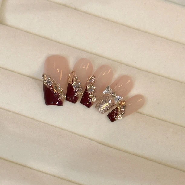 XL•Nail Supplier【酒红慕斯】爆闪气质超显白光疗美甲手工穿戴甲