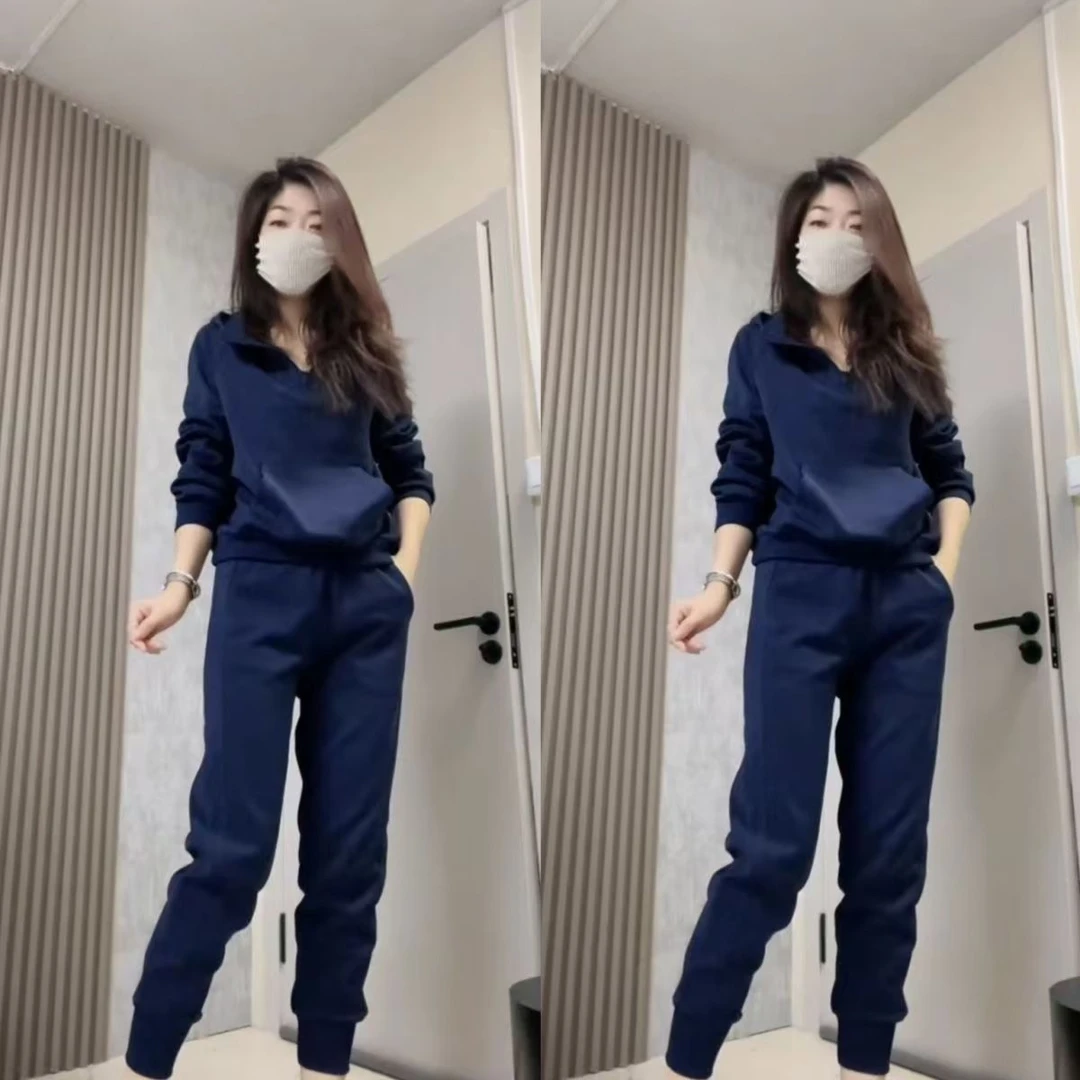 网红9901时尚运动套装春秋减龄显瘦半拉链连帽上衣休闲束脚裤两件