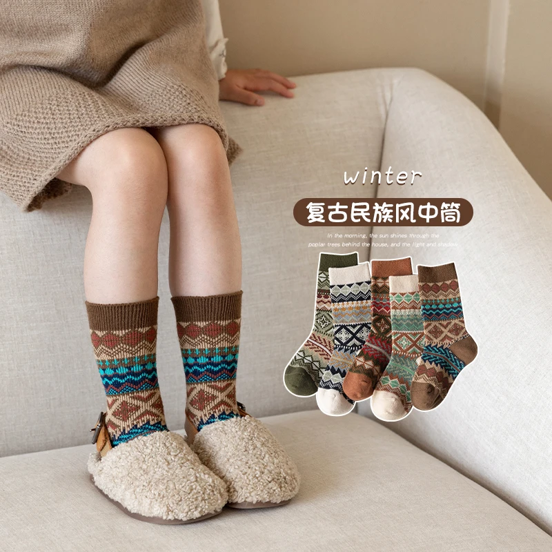儿童袜子秋冬精梳棉女童民族风中筒袜春秋男童宝宝复古条纹堆堆袜