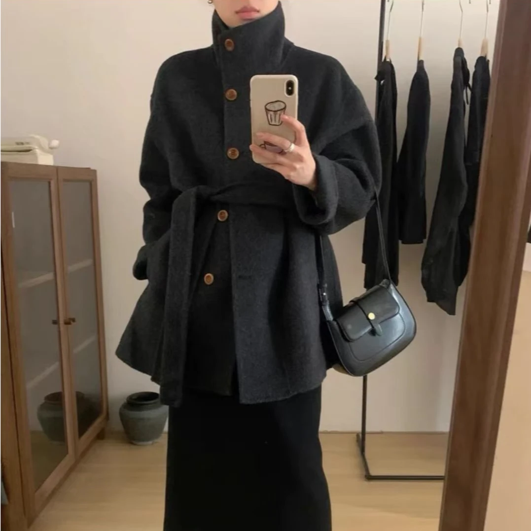 2024冬新款立领系带短款双面羊毛大衣女韩系宽松显瘦时尚毛呢外套