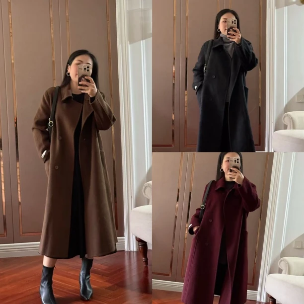 【Zoe轻奢】1oo羊毛翻领宽松过膝长款双面尼大衣外套240769