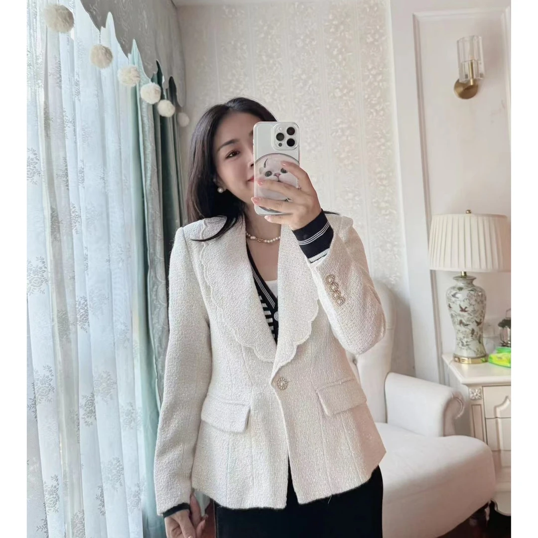 【Zoe轻奢】流光之下·花边波浪领细闪纱交织翻领外套HY23958