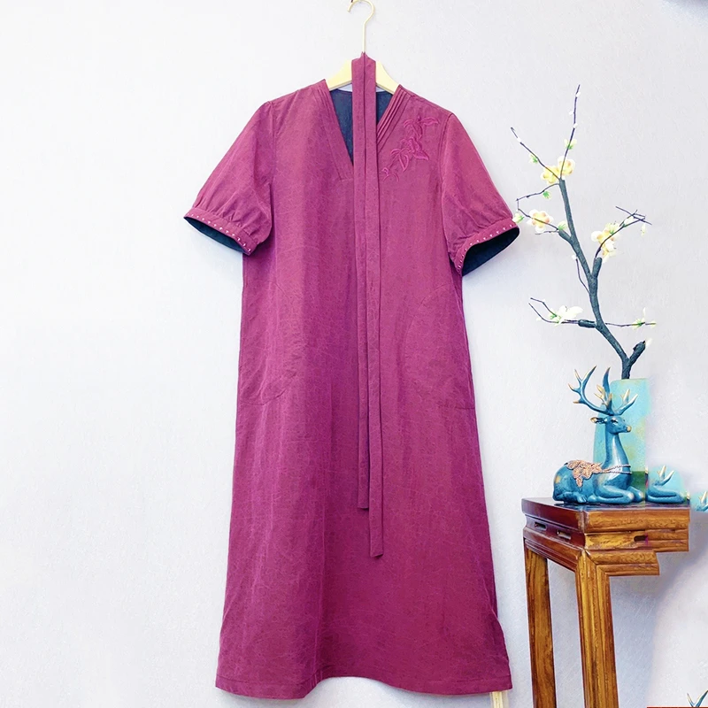 100桑蚕丝老料龟裂纹正宗香云纱刺绣V领两面穿彩龟女装连衣裙中式