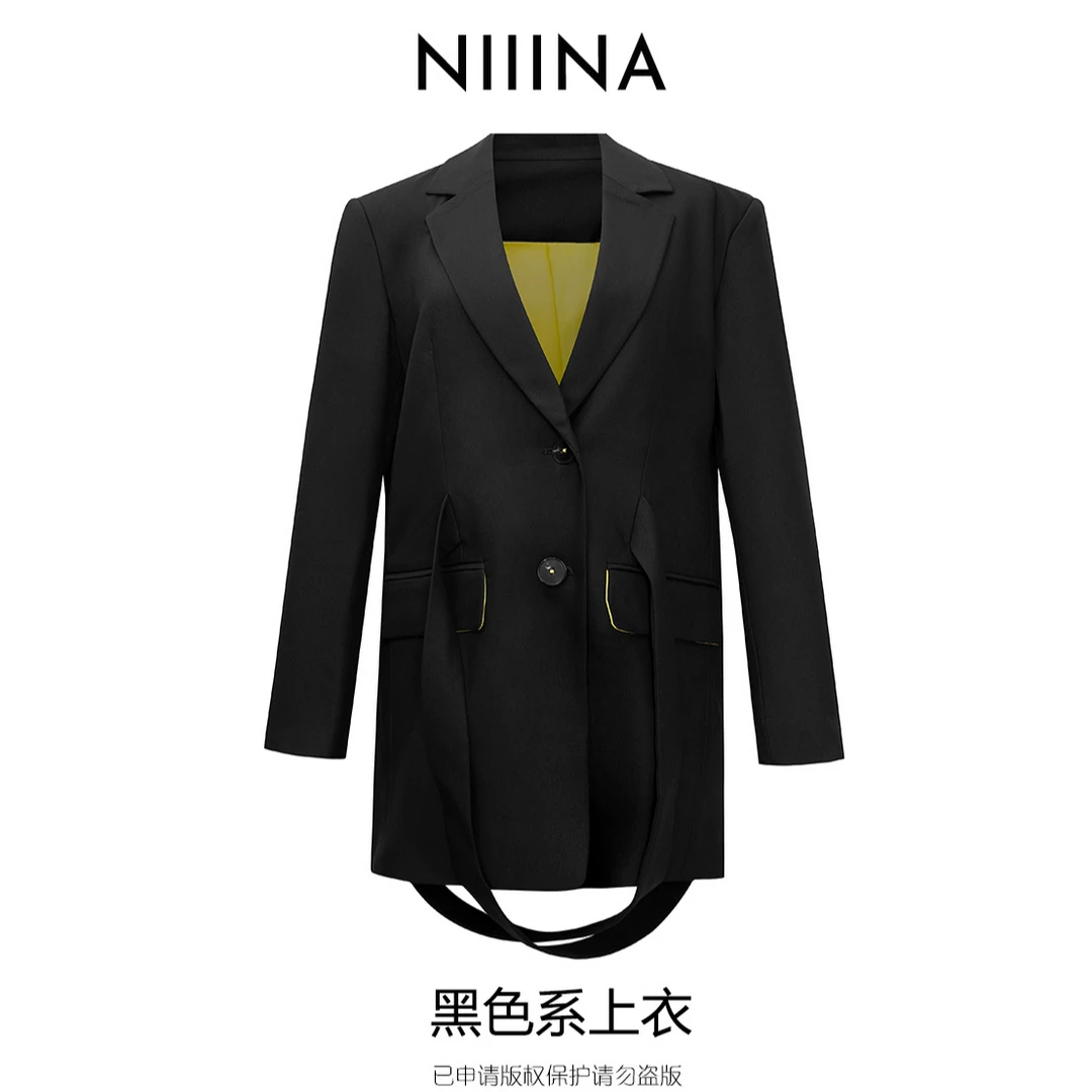 NIIINA设计师气质轻奢时尚休闲黑色修身经典西装上衣外套6520H