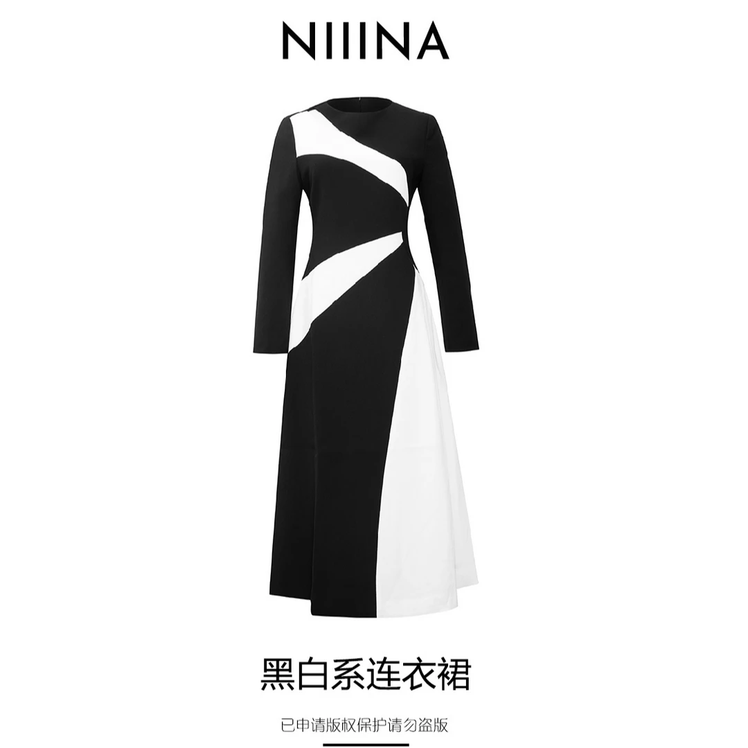 NIIINA连衣裙气质长袖女士黑白拼接设计师拼接8653H