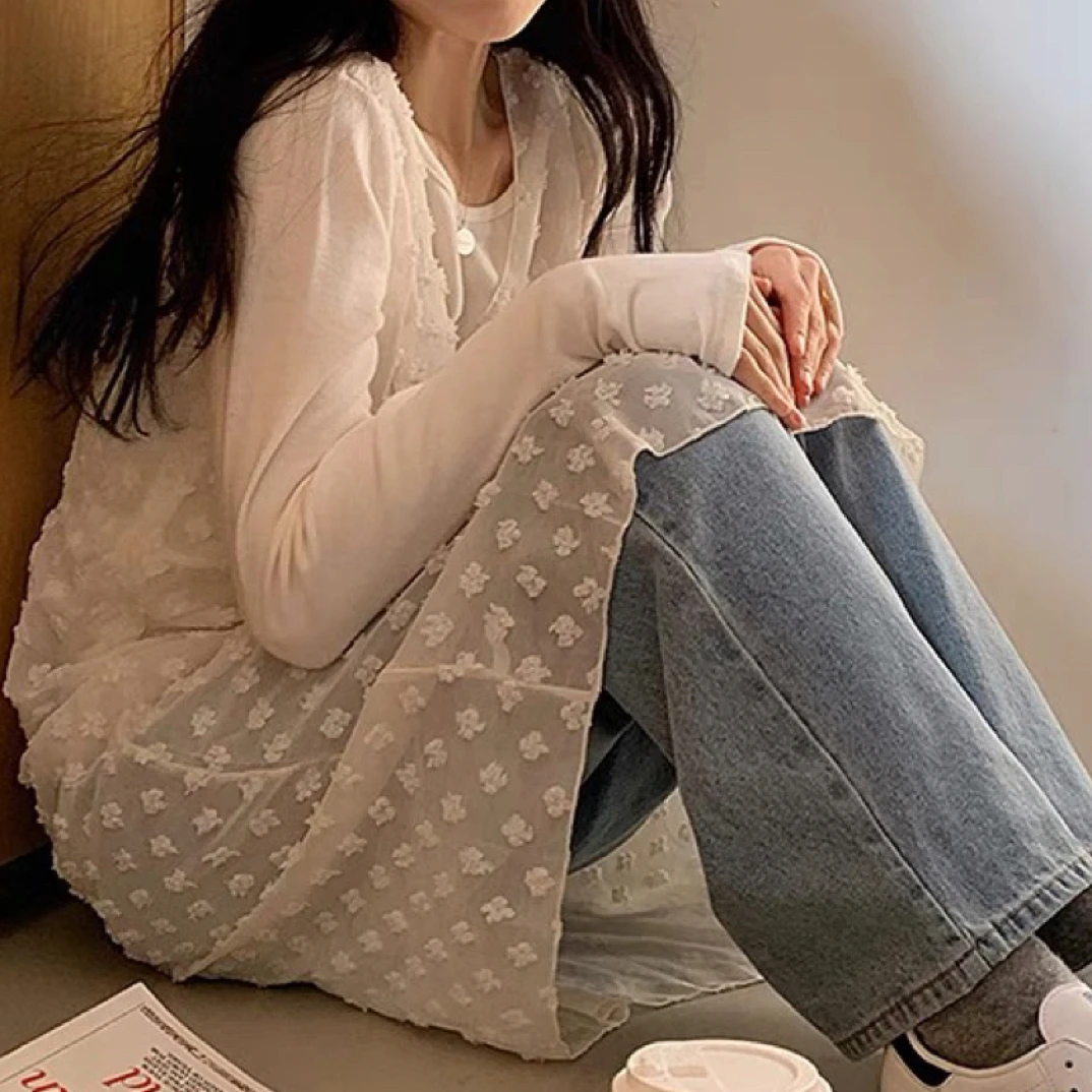 24年韩国东大门春夏新款甜美透视休闲吊带连衣裙外穿长袖夏季