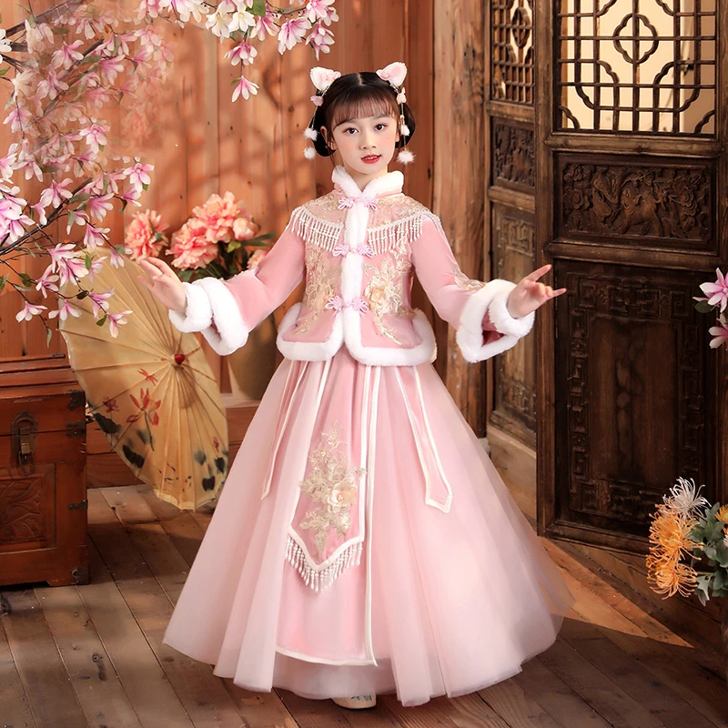 拜年服女童冬装儿童新年装过年衣服加厚加绒保暖棉袄女宝喜庆年服