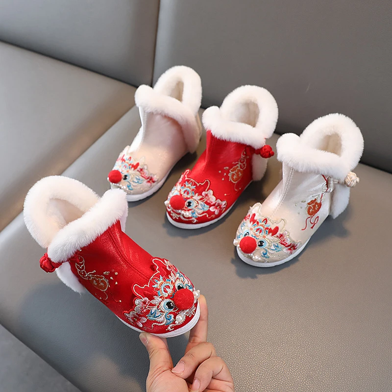 呈祥汉服鞋子女童冬季中国风拜年鞋儿童红色棉靴绣花鞋民族风靴子