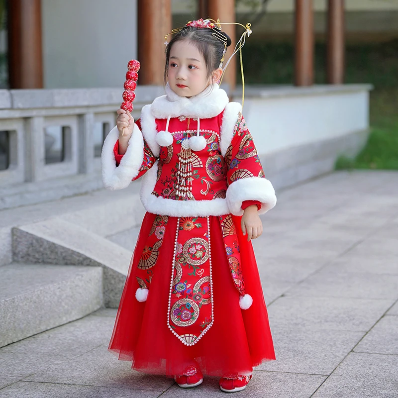 拜年服女童冬季儿童汉服中国风马面裙套装宝宝唐装红色棉服新年装