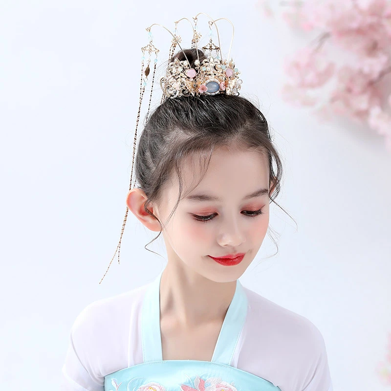中国风头饰儿童汉服凤冠女童发饰超仙古装发冠长流苏演出皇冠发饰