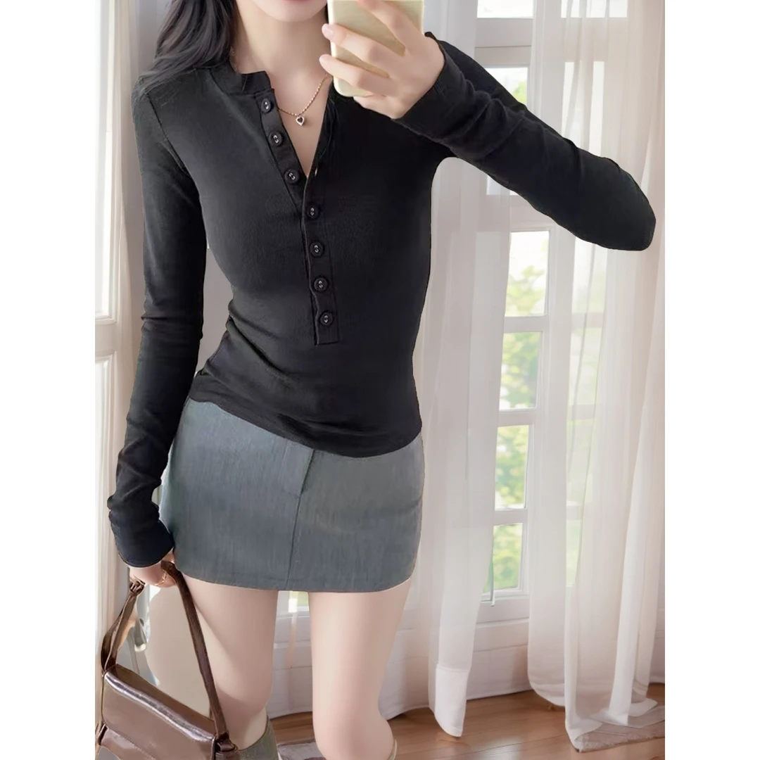 优选头家【加绒有垫肩】门襟扣小衫3077