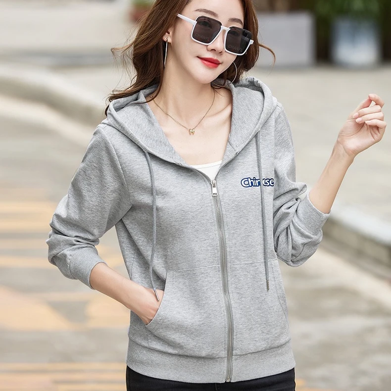 灰色棉卫衣女春秋2024新连帽显瘦外套拉链ins潮休闲美式复古宽松