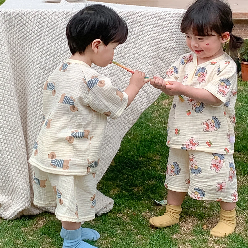【汤圆家专属】儿童睡衣套装夏季薄款纱布家居服男女童宝宝空调服