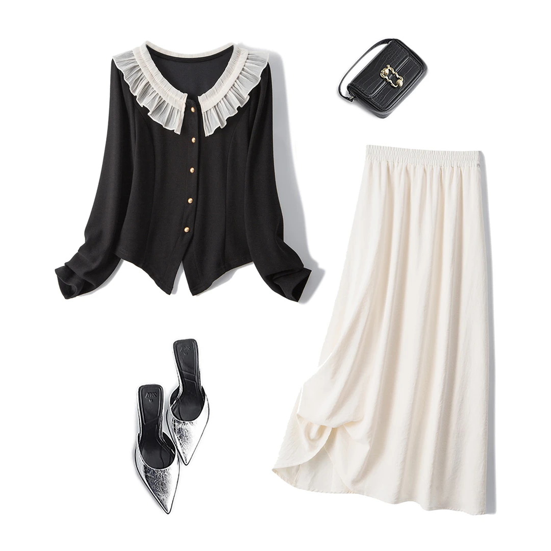 清63508大码女装2024秋季法式娃娃领小衫高腰半身裙小香风套装