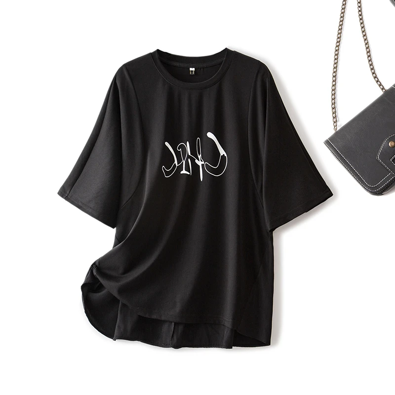 【C魅甄选】61201清大码女装2024年夏季减龄字母印花圆领休闲上衣女