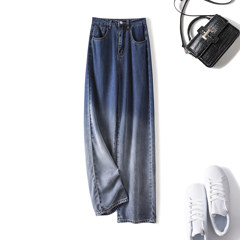 【C魅甄选】65171清大码女装2024夏季高腰渐变设计阔腿裤百搭牛仔裤