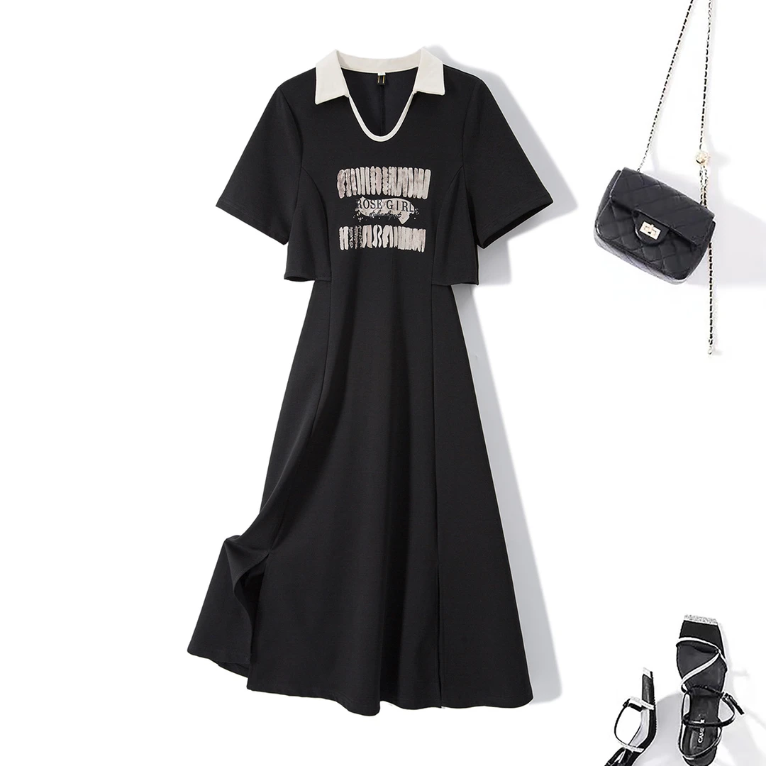 清大码女装2025夏休闲polo领连衣裙微胖mm显瘦百搭a字裙63310