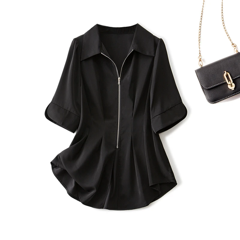 清61187大码女装2024年夏季百搭Polo领纯色上衣时尚收腰显瘦衬衣