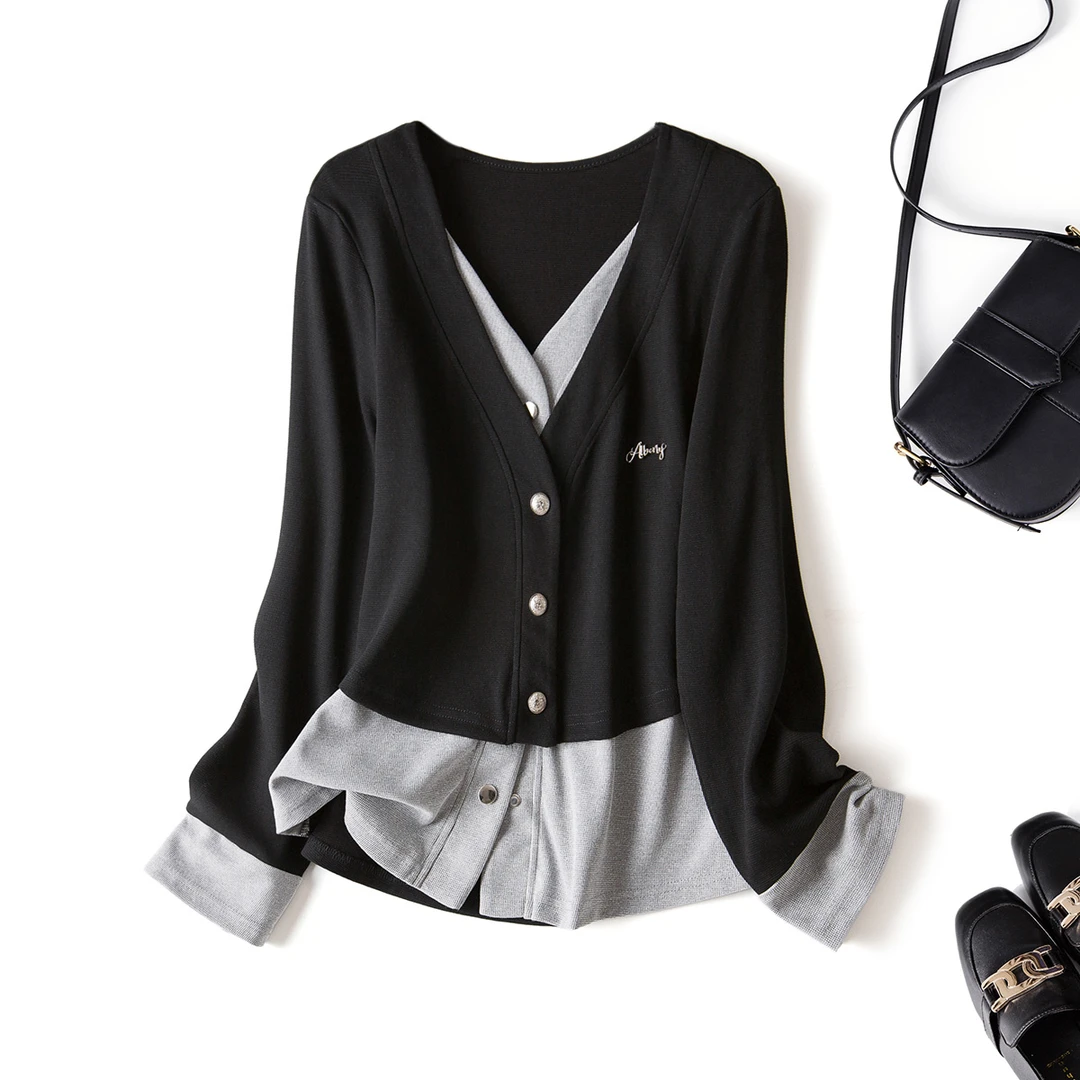 【C魅甄选】胖mm大码女2025春季新款假两件毛衣开衫百搭针织衫61878