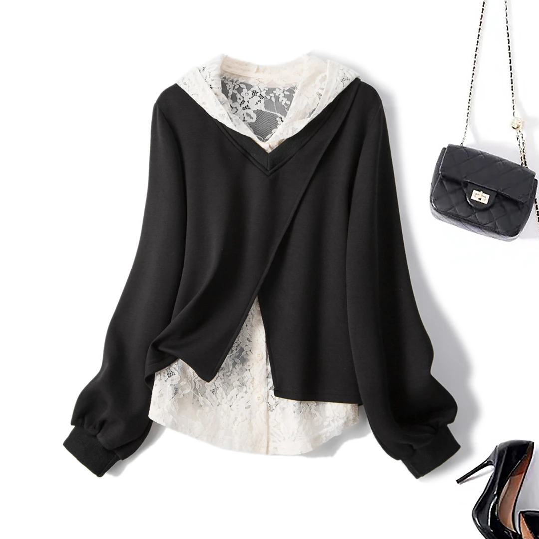 清2024年秋冬大码慵懒风蕾丝连帽背心下摆开叉上衣两件套63720