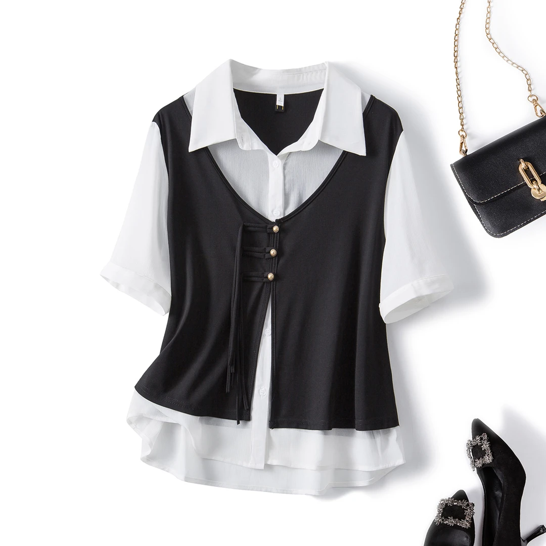 63140大码女装2025年夏季新款微胖妹妹小众假两件遮肚显瘦衬衫女