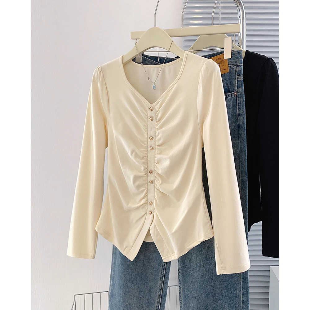 清大码女2025年秋季设计感小众V领褶皱T恤显瘦减龄长袖上衣63616