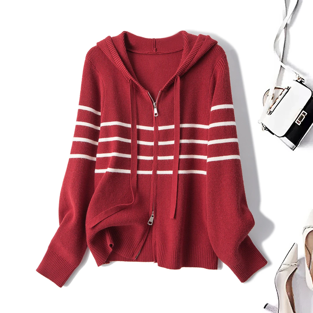 清大码女装2024秋季韩版条纹连帽拉链针织衫显瘦外套68580