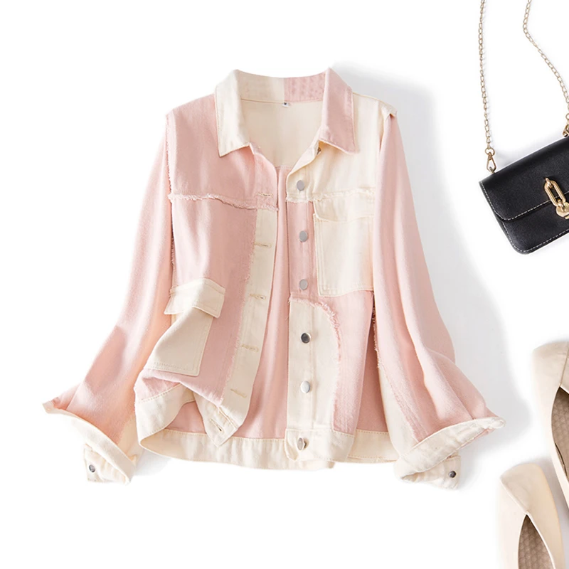 【C魅甄选】清65271大码女装2025春季韩版时尚洋气拼接撞色牛仔外套