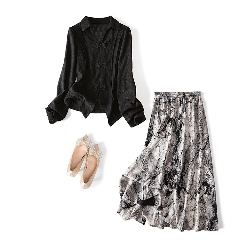 2026春季胖mm大码女新中式盘扣上衣水墨画半身裙国风两件套61559