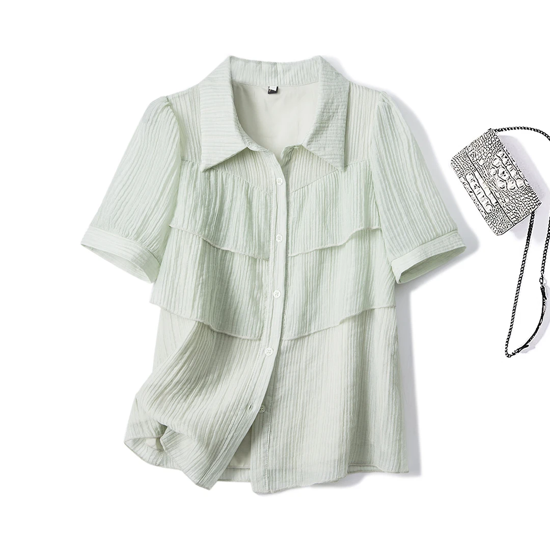 清律动莫兰迪 63171大码女装2025夏荷叶边拼接衬衣洋气polo领小衫