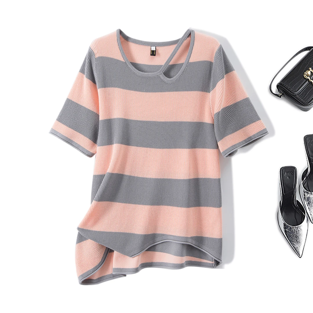 清69220大码2025夏季薄款拼色条纹针织衫正肩显瘦不规则上衣